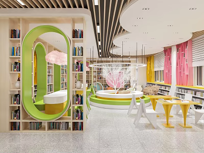 Vibrant Book Art Space With Modern Design Colorful Bookshelves Reading Area And Chairs 3d model