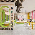 Vibrant Book Art Space With Modern Design Colorful Bookshelves Reading Area And Chairs
