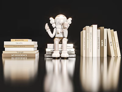 Decorative Ornament Set With Silver Figurine Sitting On Stacked Books And Literary Decor 3d model