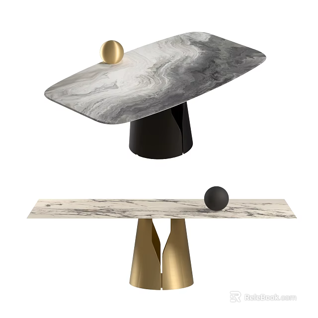 Modern Marble Texture Dining Table With Black And Gold Bases Spherical Decor On Top 3d model