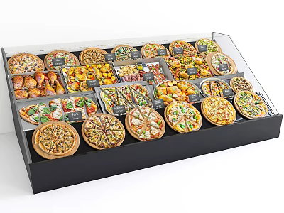 Fresh Assorted Pizzas In Glass Display Case With Various Toppings 3d model
