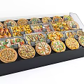 Fresh Assorted Pizzas In Glass Display Case With Various Toppings