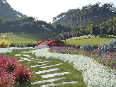 Beautiful Garden Landscape With Stone Walkway Red Bridge Colorful Flowers Green Lawn And Hillside Trees 3d model