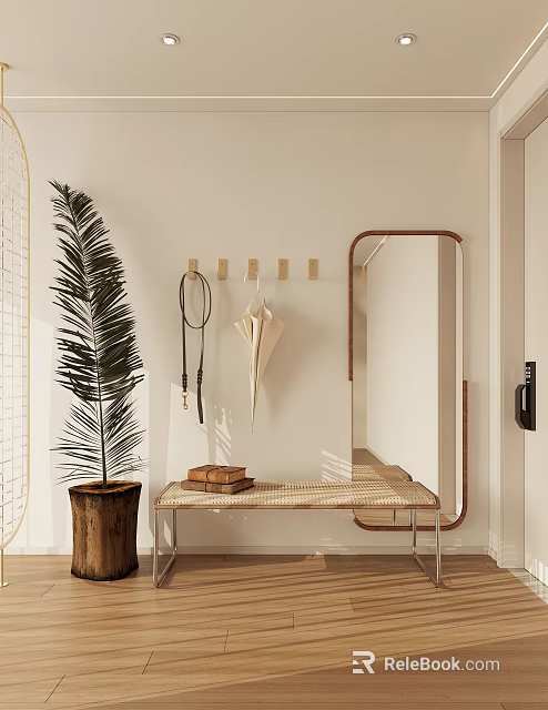 Cozy Entryway Hallway With Palm Plant Hook Rack Bench Books And Mirror 3d model 