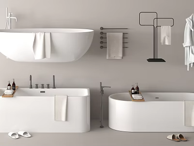 Modern Bathtubs In Minimalist Bathroom With Towels Slippers And Toiletries 3d model