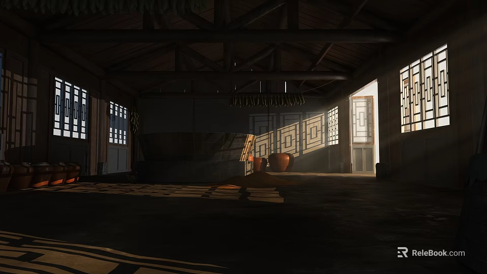 Traditional Interior Space With Wooden Roof Patterned Windows And Clay Pots 3d model 