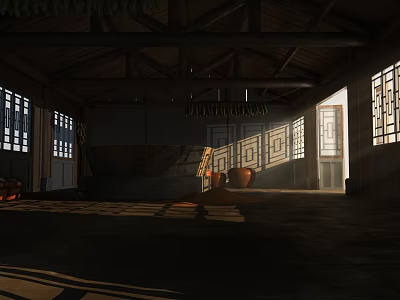 Traditional Interior Space With Wooden Roof Patterned Windows And Clay Pots 3d model