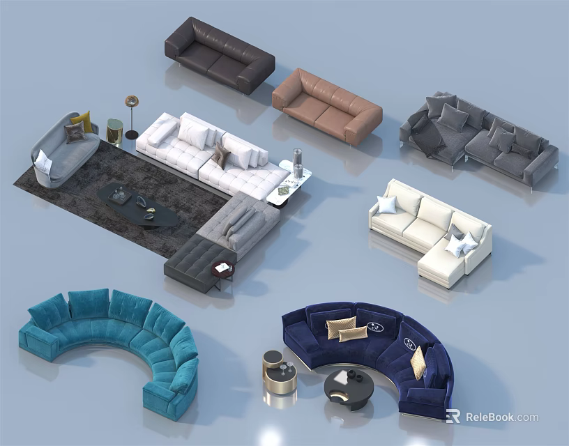 Modern Sofa Coffee Table Combination With Various Colors Curved And L Shaped Styles 3d model