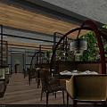 Modern Restaurant Interior With Wooden Ceiling Chandeliers Yellow Chairs Dining Tables And Green Plants