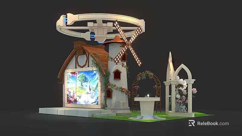 Commercial Equipment Display Setup With Windmill Cottage Arched Structure And Fountain Decorations 3d model 