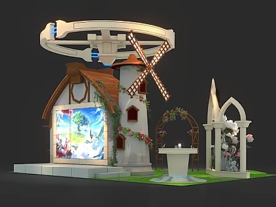 Commercial Equipment Display Setup With Windmill Cottage Arched Structure And Fountain Decorations 3d model