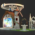 Commercial Equipment Display Setup With Windmill Cottage Arched Structure And Fountain Decorations