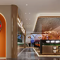 Modern Restaurant Interior Design With Ornate Ceiling Counter Chandelier And Green Plants