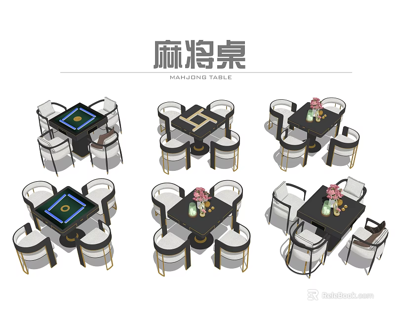 Modern Mahjong Table and Chair Set for Home Entertainment with Green Surface and Elegant Chairs 3d model 
