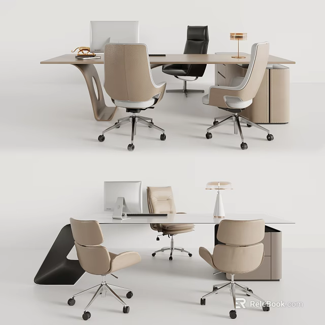 Modern Office Desk Setup With Beige Ergonomic Chairs White Table Lamp And Computer Monitor 3d model 