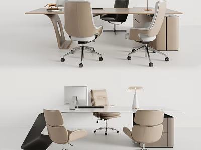 Modern Office Desk Setup With Beige Ergonomic Chairs White Table Lamp And Computer Monitor 3d model