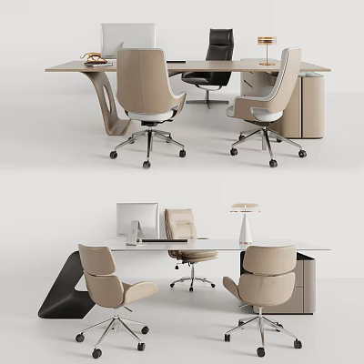 Modern Office Desk Setup With Beige Ergonomic Chairs White Table Lamp And Computer Monitor 3d model