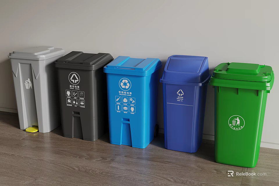 Various Colored Waste Sorting Bins With Recycling Labels In Indoor Arrangement 3d model 