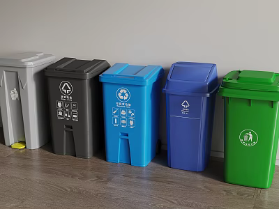 Various Colored Waste Sorting Bins With Recycling Labels In Indoor Arrangement 3d model