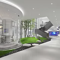 Futuristic Modern Commercial Interior Space With Curved Lines Circular Ceiling And Display Cabinets
