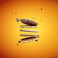 Delicious Assorted Floating Cookies On Bright Orange Background With Crunchy Particles