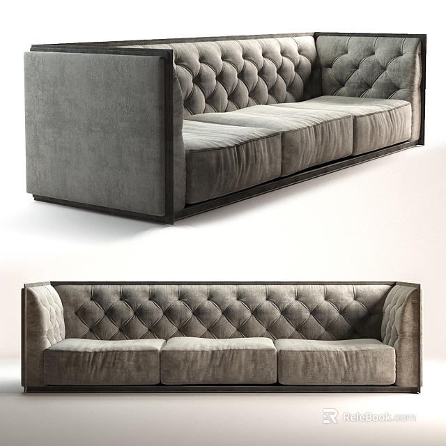 Gray Tufted Velvet Sectional Sofa with Deep Seats Button Tufted Backrest and Sturdy Armrests 3d model 