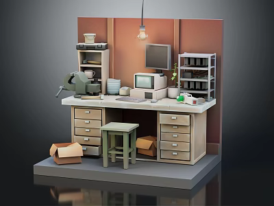 Vintage Typewriter And Computer Monitor On Wooden Desk With Stool And Brown Wall 3d model