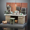 Vintage Typewriter And Computer Monitor On Wooden Desk With Stool And Brown Wall