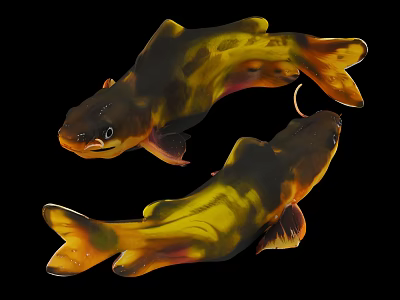 Two Vibrant Yellow And Black Fish Swimming Gracefully Against Black Background 3d model
