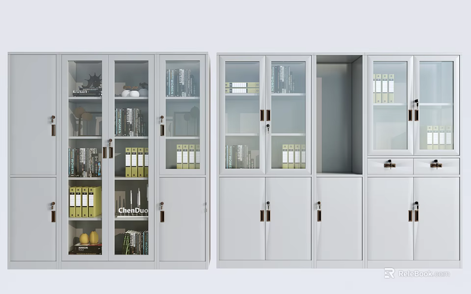 Modern White Bookcase With Glass Doors And Multiple Cabinets For Books And Decorative Items 3d model 