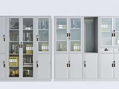 Modern White Bookcase With Glass Doors And Multiple Cabinets For Books And Decorative Items 3d model