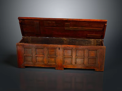 Antique Wooden Chest With Open Lid And Carved Panels For Storage Furniture 3d model