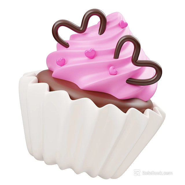 Delicious Cupcake With Pink Frosting And Chocolate Heart Decorations In White Paper Liner 3d model 