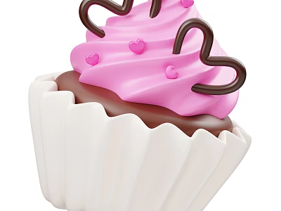 Delicious Cupcake With Pink Frosting And Chocolate Heart Decorations In White Paper Liner 3d model