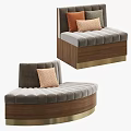 Curved Sectional Sofa With Gray Velvet Upholstery And Colorful Accent Cushions On Wooden Frame