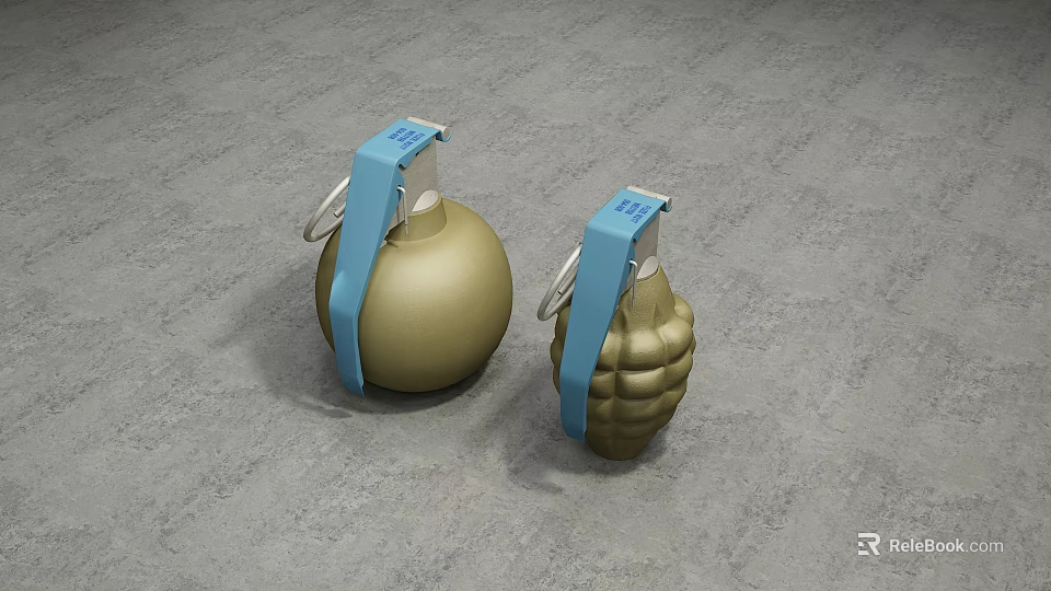 Two Golden Grenades With Blue Labels Placed On Gray Surface 3d model 