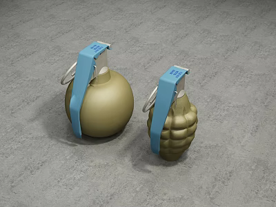 Two Golden Grenades With Blue Labels Placed On Gray Surface 3d model