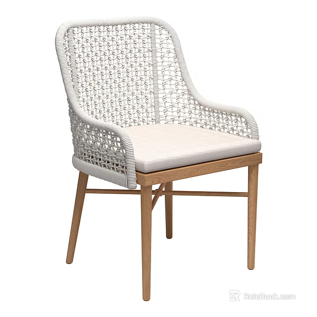 Modern Wicker Armchair With Light Colored Seat Cushion And Wooden Legs 3d model 