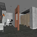 Modern Public Restroom Design With Numbered Stalls Gray Walls And Green Plants