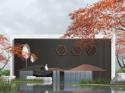 Contemporary Landscape Wall Featuring Wooden Slats Hexagonal Patterns Red Maple Trees Pond Water Feature 3d model