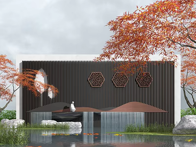 Contemporary Landscape Wall Featuring Wooden Slats Hexagonal Patterns Red Maple Trees Pond Water Feature 3d model
