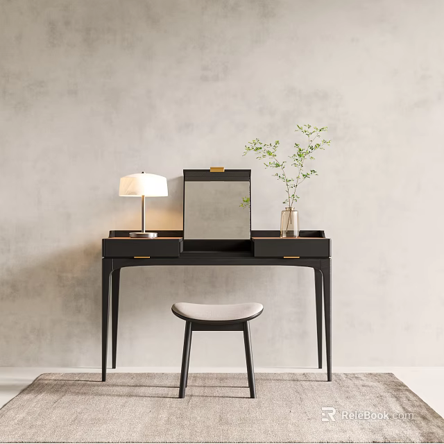 Modern Black Dressing Table With Mirror Table Lamp Vase And Padded Stool 3d model 