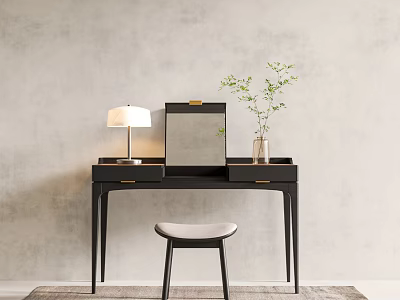 Modern Black Dressing Table With Mirror Table Lamp Vase And Padded Stool 3d model