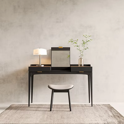 Modern Black Dressing Table With Mirror Table Lamp Vase And Padded Stool 3d model