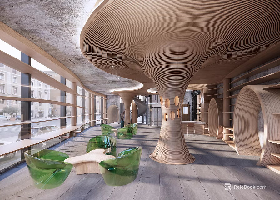 Modern Café Interior With Wooden Spiral Structures Green Chairs And Large Windows 3d model 