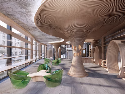 Modern Café Interior With Wooden Spiral Structures Green Chairs And Large Windows 3d model