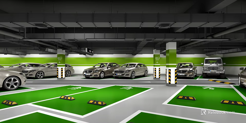 Modern Well Lit Parking Garage With Parked Cars Green Floor And White Lines 3d model 