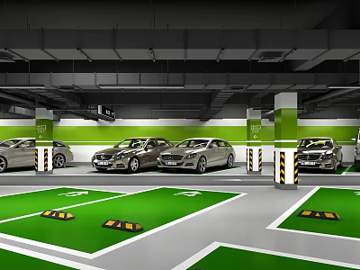 Modern Well Lit Parking Garage With Parked Cars Green Floor And White Lines 3d model