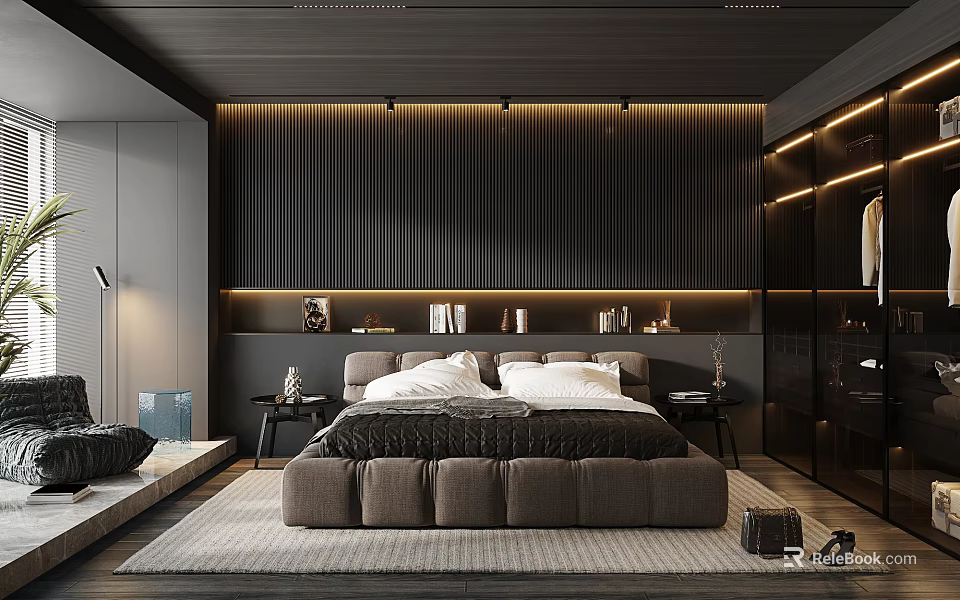 Modern Bedroom Interior With Dark Wooden Panel Wall LED Strip Lighting And Large Upholstered Bed 3d model 