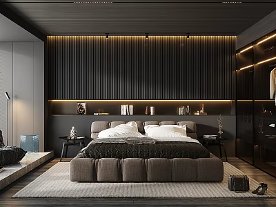 Modern Bedroom Interior With Dark Wooden Panel Wall LED Strip Lighting And Large Upholstered Bed 3d model
